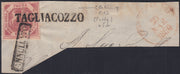 CG233 - 1858 - Stemma delle Due Sicilie, 2 grana rosa carminio usato su frammento TAGLIACOZZO e ANNULLATO, uso in FRODE POSTALE (5d + p.ti 13 + FRODE)