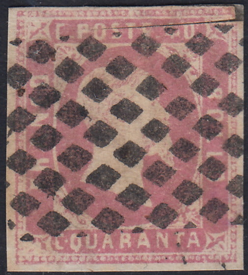 CG234 - 1851 - Effigie di Vittorio Emanuele II volta a destra, I emissione c. 40 rosa lilla usato (3d)