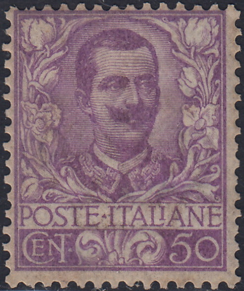 CG239 - 1901 - Serie Floreale, 50c. Malva nuovo con gomma originale e discretamente centrato (76)