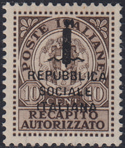 CG240- 1944 - Recapito Autorizzato esemplare da 10c. bruno con soprastampa k in nero, NON EMESSO, nuovo con gomma originale (3)