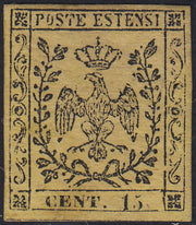 CG255 - 1852 - Aquila estense, emissione senza punto dopo la cifra, c.15 giallo vivo nuovo con gomma integra (3a)