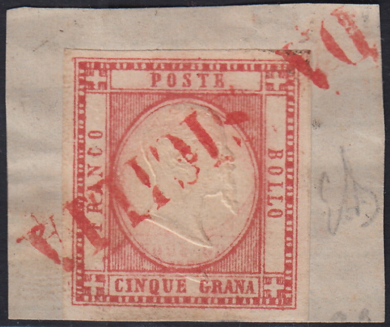 CG259 - 1862 - 5 grana vermiglio usato su frammento DA SICILIA in rosso (21a,p.ti 12)