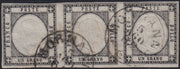 CG261 - 1862 - 1 grana nero grigio striscia di tre usata MORMANNO (19a)
