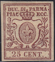 CG263 - 1859 - Giglio Borbonico sormontato da Corona Ducale, c. 25 bruno lilla scuro nuovo con gomma originale (10a)