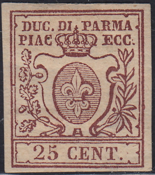 CG263 - 1859 - Giglio Borbonico sormontato da Corona Ducale, c. 25 bruno lilla scuro nuovo con gomma originale (10a)