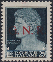R.S.I. Aufdruckproben, Luftpost L. 2 azurblau mit doppeltem Aufdruck fascetto kopfüber in schwarz (P15Aa)