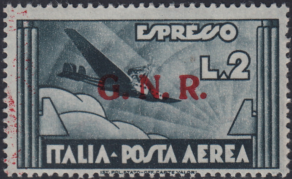 RSI Overprint essays, Posta Aerea L. 2 light blue with double overprint inverted band in black (P15Aa)