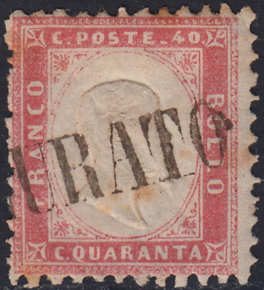 CG277 - 1862 - Emissione dentellata, c. 40 rosa chiarissimo usato ASSICURATO senza cartella (3c, p.ti 13)