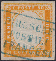 CG279 - 1858/62 - Sardegna IV emissione c. 80 arancio carico usato PIROSCAFI POSTALI FRANCESI (17D, p.ti R1)