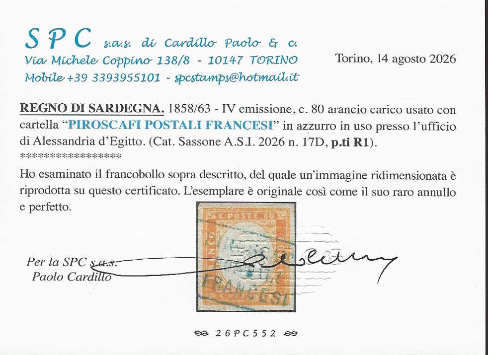 CG279 - 1858/62 - Sardegna IV emissione c. 80 arancio carico usato PIROSCAFI POSTALI FRANCESI (17D, p.ti R1)
