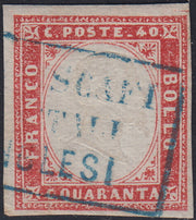 CG280 - 1855/63 - Sardegna IV emissione c. 40 rosso carminio usato PIROSCAFI POSTALI INGLESI (16D, p.ti R3)