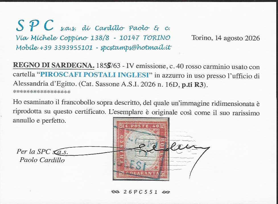 CG280 - 1855/63 - Sardegna IV emissione c. 40 rosso carminio usato PIROSCAFI POSTALI INGLESI (16D, p.ti R3)