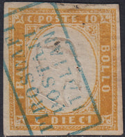 CG281 - 1858/63 - Sardegna IV emissione c. 10 giallo ocra II tavola usato PIROSCAFI POSTALI ITALIANI (14Dd, p.ti R1)