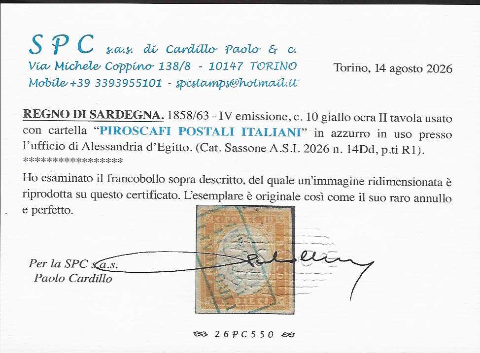 CG281 - 1858/63 - Sardegna IV emissione c. 10 giallo ocra II tavola usato PIROSCAFI POSTALI ITALIANI (14Dd, p.ti R1)