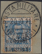 CG285 - 1901 - Floreale c. 25 azzurro soprastampato "BENGASI, 1 Piastra" usato su frammento (1)