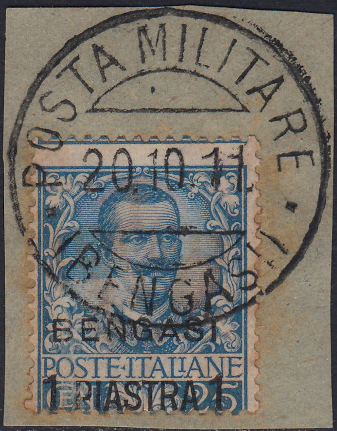 CG285 - 1901 - Floreale c. 25 azzurro soprastampato "BENGASI, 1 Piastra" usato su frammento (1)
