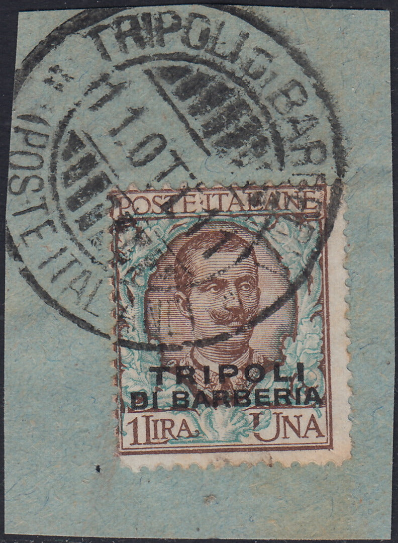 CG286 - 1909/15 - L. 1 bruno e verde soprastampato TRIPOLI DI BARBERIA 11/10/11 su frammento (9)