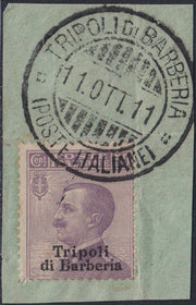 CG287 - 1909 - c. 50 violetto soprastampato TRIPOLI DI BARBERIA uato 11/10/11 su frammento (8)