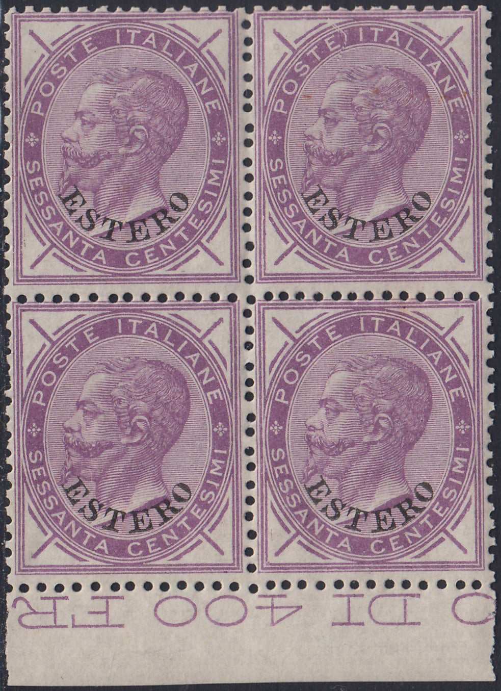 CG289 - 1874 - Emissione De La Rue, c. 60 lilla con angoli modificati e soprastampa ESTERO quartina nuova gomma integra (8)