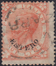 CG290 - 1874 - Emissione De La Rue, L. 2 scarlatto chiaro con angoli modificati e soprastampa ESTERO usato in arrivo a NAPOLI (9a)