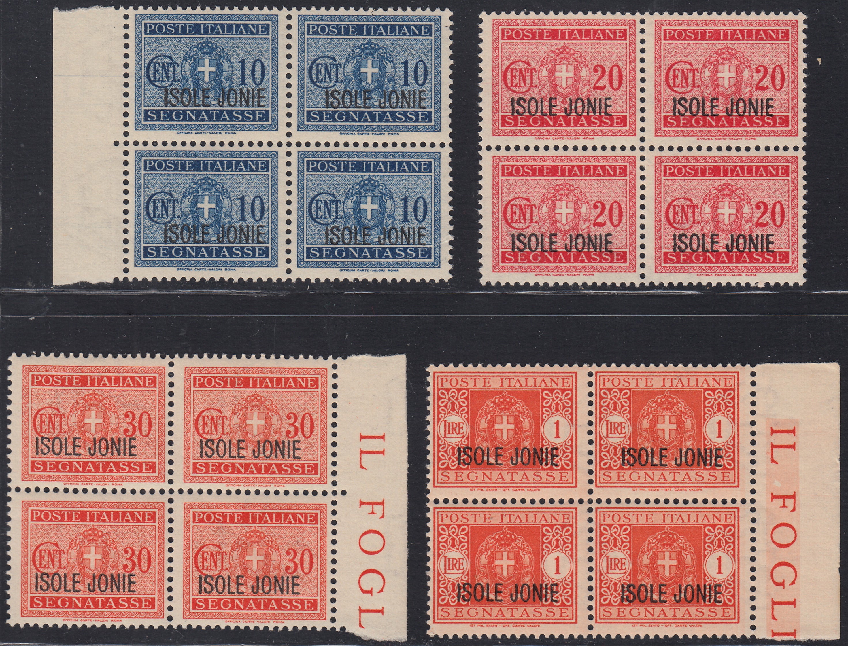 CG292 - 1941 - Francobolli d'Italia soprastampati ISOLE JONIE, serie di 13 esemplari in quartine gomma integra (1/8, 1, 1/4)
