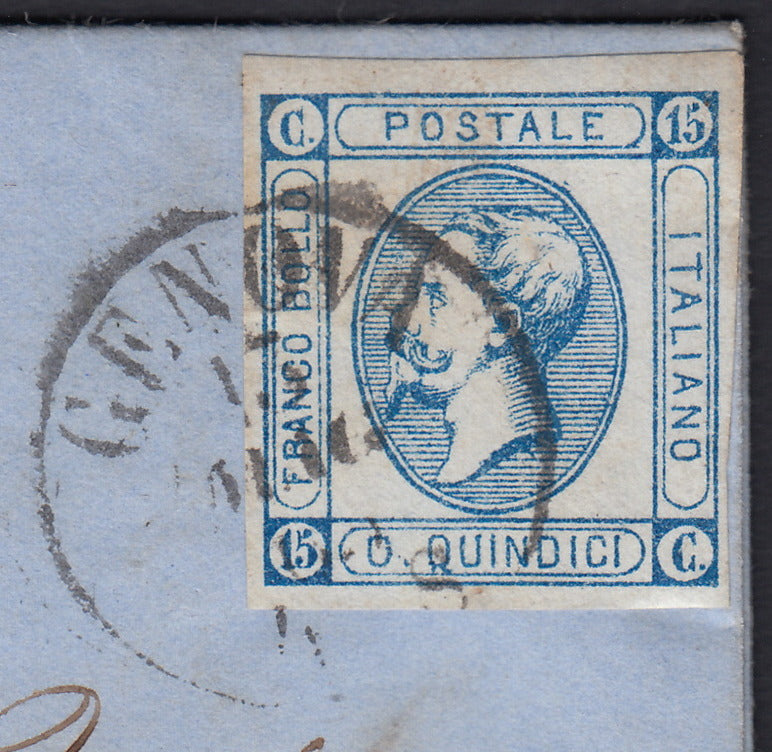 CG293 - 1863 - Regno Litografico del I tipo c. 15 azzurro varietà "C" chiusa su lettera da Genova per Savona 13/5/63 (12ca)