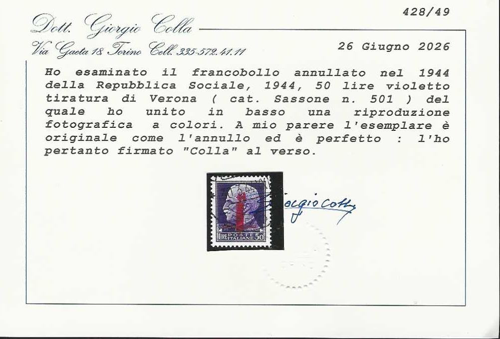 CG294 - 1944 - Imperiale di Regno, L. 50 violetto con soprastampa fascetto di Verona in rosso, usato con annullo originale, rarissimo (501)