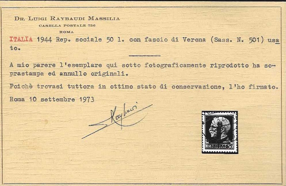 CG294 - 1944 - Imperiale di Regno, L. 50 violetto con soprastampa fascetto di Verona in rosso, usato con annullo originale, rarissimo (501)