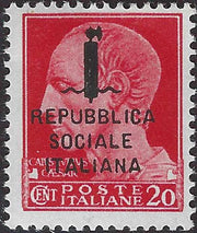 CG295 - R.S.I. esemplare soprastampato per errore, c. 20 carminio "Giulio Cesare" con soprastampa tipo "k" in nero (495/A)