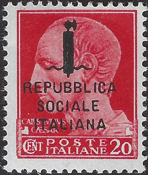 CG295 - R.S.I. esemplare soprastampato per errore, c. 20 carminio "Giulio Cesare" con soprastampa tipo "k" in nero (495/A)