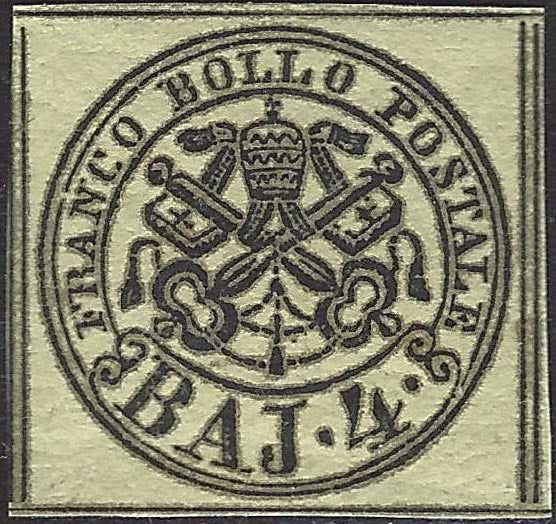CG297 - 1852 - I emissione b. 4 giallo chiaro con stampa oleosa e decalco nuovo con gomma integra (5Abca)