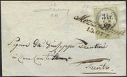 CG308 - 1854 - Austria, fiscale da 3 kr. annullato su frontespizio di lettera con impronta di MEZZOLOMBARDO (1, p.ti 11)