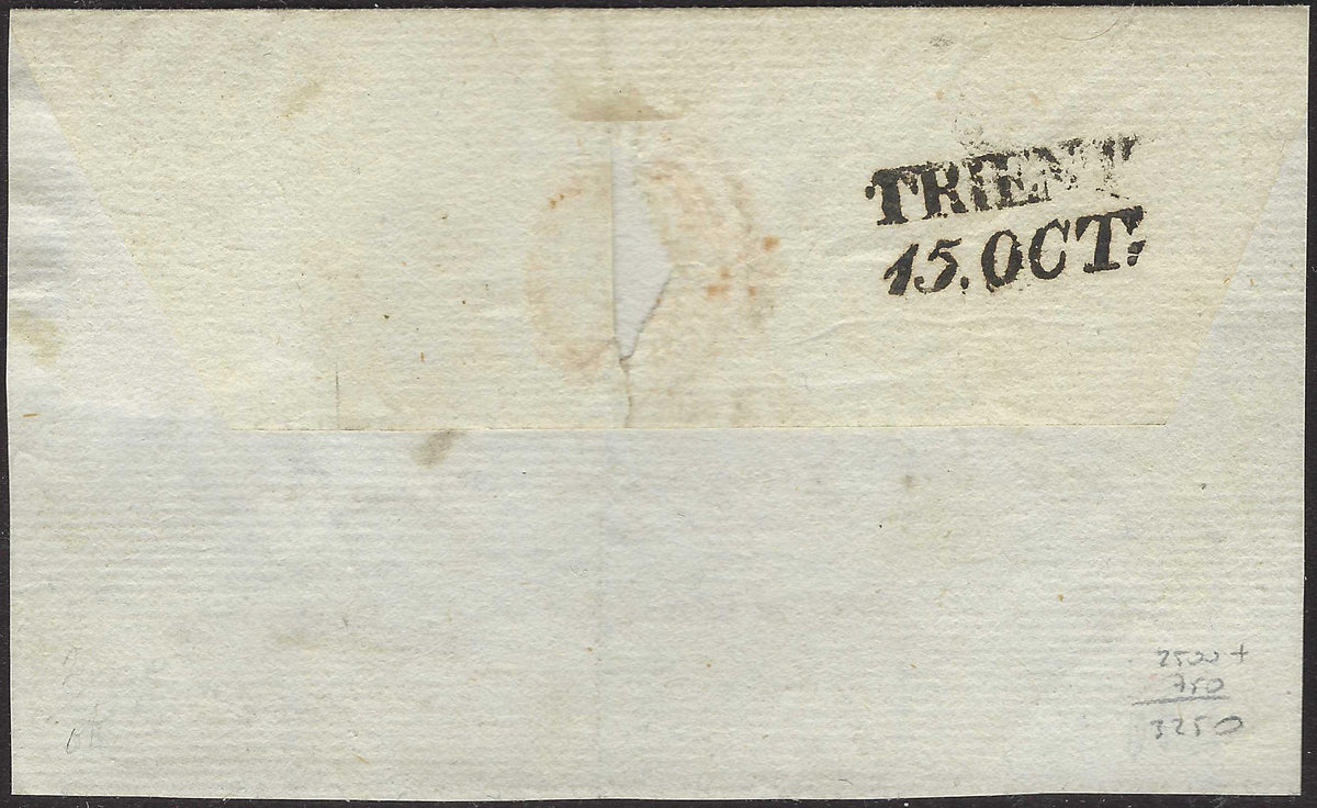 CG308 - 1854 - Austria, fiscale da 3 kr. annullato su frontespizio di lettera con impronta di MEZZOLOMBARDO (1, p.ti 11)
