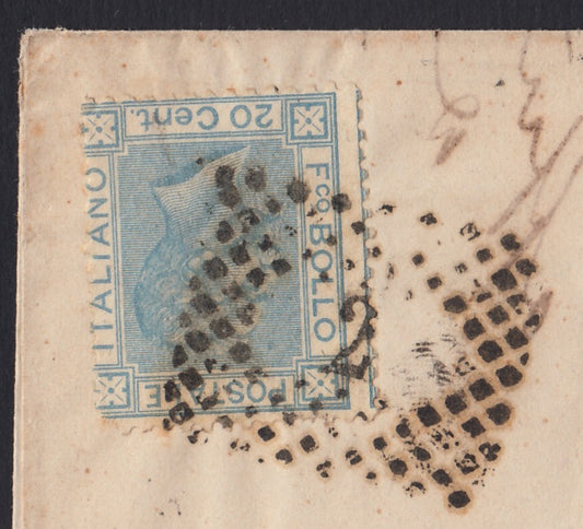 CG41 - 1870 - Nuovo formato su disegni di L. Bigola, c. 20 celeste tiratura di Londra su lettera da Ancona per Roma 6/2/70 (L26)