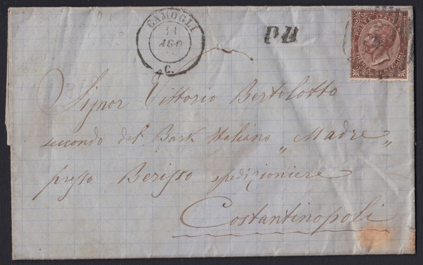 CG46 - 1879 - Emissione De La Rue tiratura di Torino c. 30 bruno castano scuro su lettera da Camogli per Costantiopoli  11/8/78 (T19)