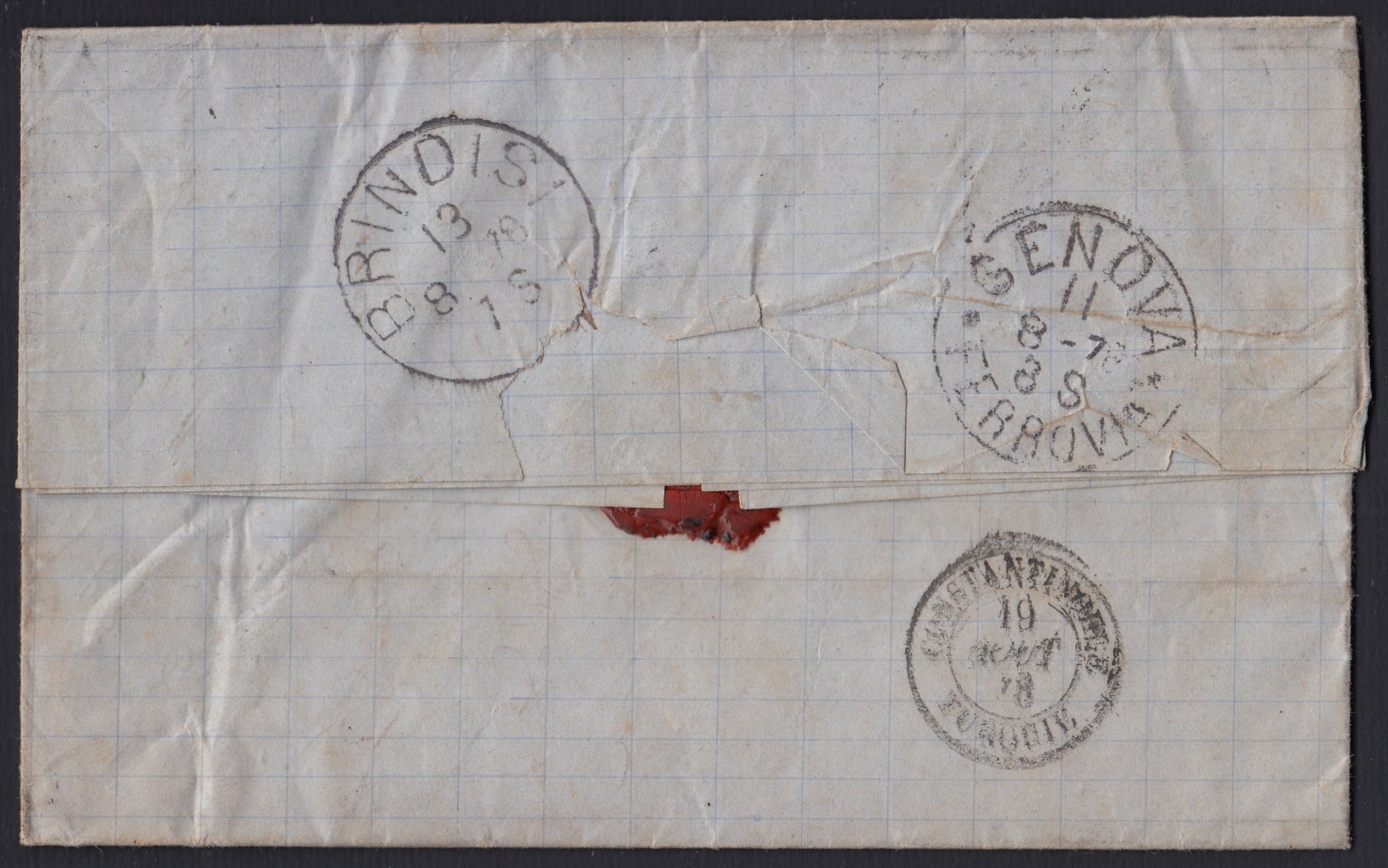 CG46 - 1879 - Issue De La Rue Turin edition c. 30 dark brown on letter from Camogli to Costantiopoli 11/8/78 (T19)