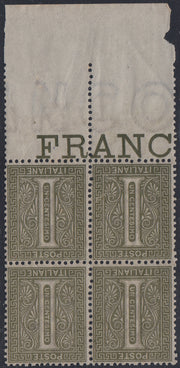 CG50 - 1866 - Emissione De La Rue tiratura di Torino, c. 1 verde oliva blocco di quattro esemplari margine di foglio inferiore nuovo con gomma integra (T14)