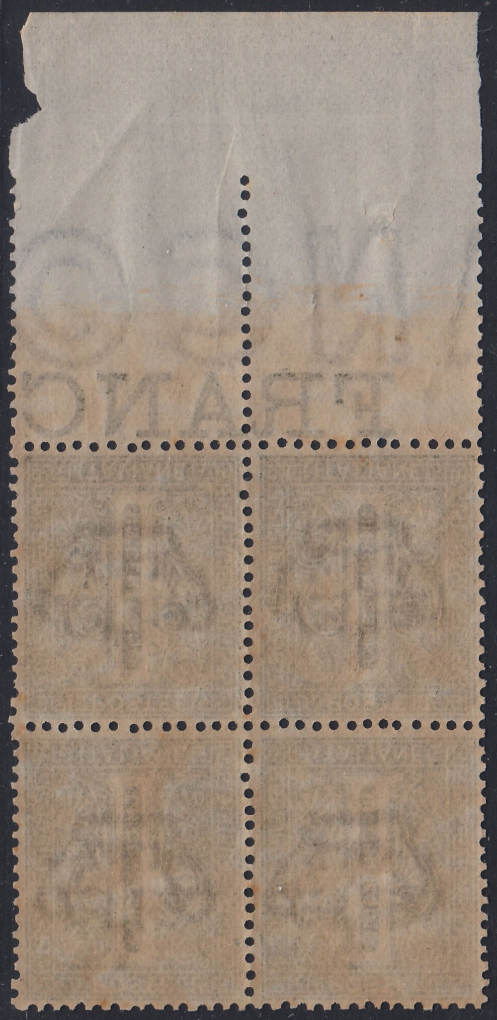 CG50 - 1866 - Emissione De La Rue tiratura di Torino, c. 1 verde oliva blocco di quattro esemplari margine di foglio inferiore nuovo con gomma integra (T14)