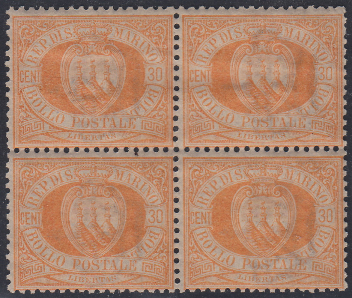 CG52 - 1892-94 - Stemma della Repubblica, c. 30 giallo chiaro blocco di 4 esemplari nuovo gomma integra (16)