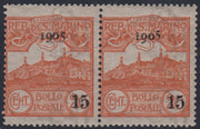 CG53 - 1905 - Stemma della Repubblica, c. 15 su c. 20 arancio, coppia orizzontale di cui uno con "cifra 5 in corsivo" pos. 4 del foglio nuova con gomma integra (46 + 46b)