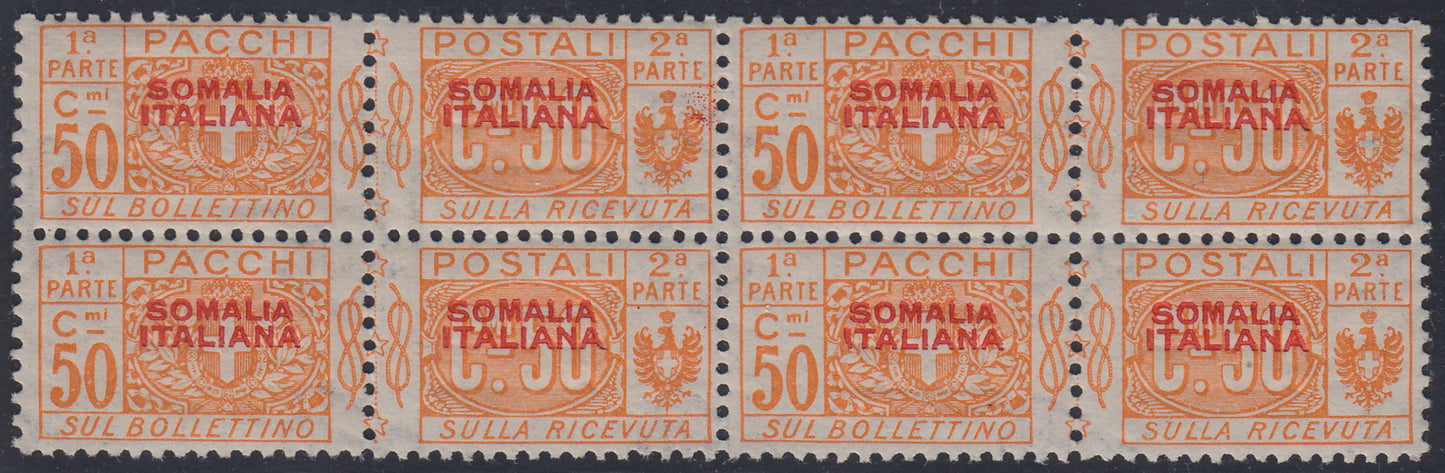 CG54 - 1926/31 - Postal parcels with type I red overprint moved to the top, not issued, c. 50 orange block of 4 copies with double overprint, one of which in new albino with intact gum (43/49)