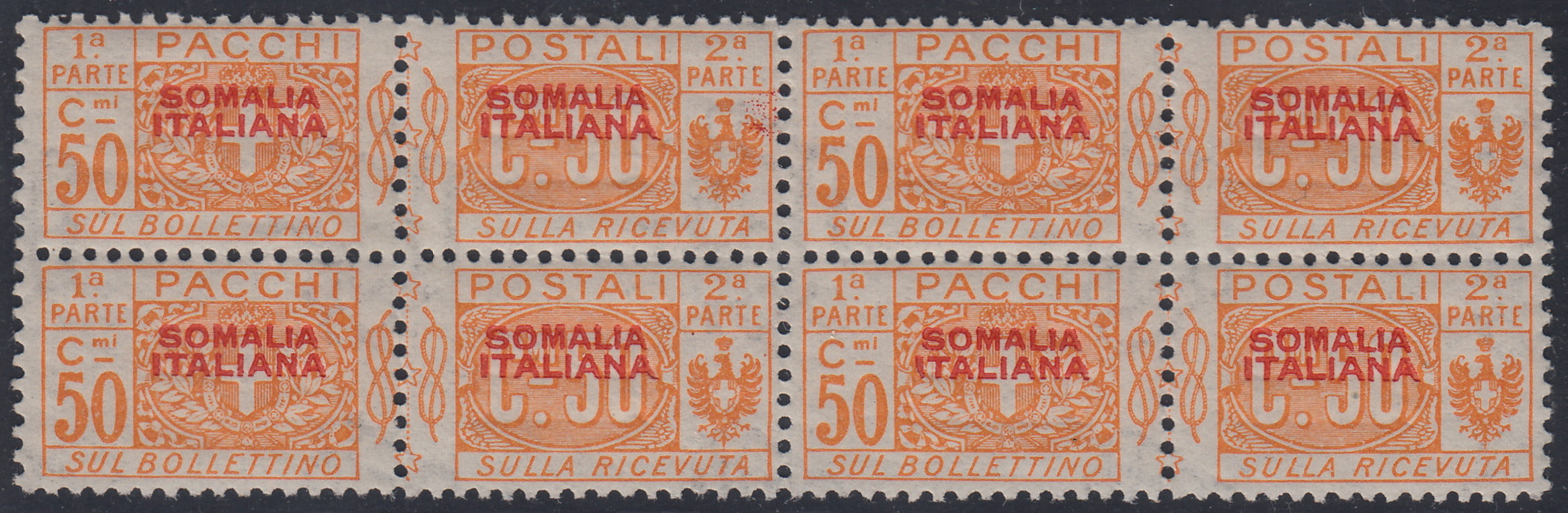 CG54 - 1926/31 - Pacchi Postali con soprastampa in rosso del I tipo spostata in alto, non emessi, c. 50 arancio blocco di 4 esemplari con doppia soprastampa di cui una in albino nuova con gomma integra (43/49)