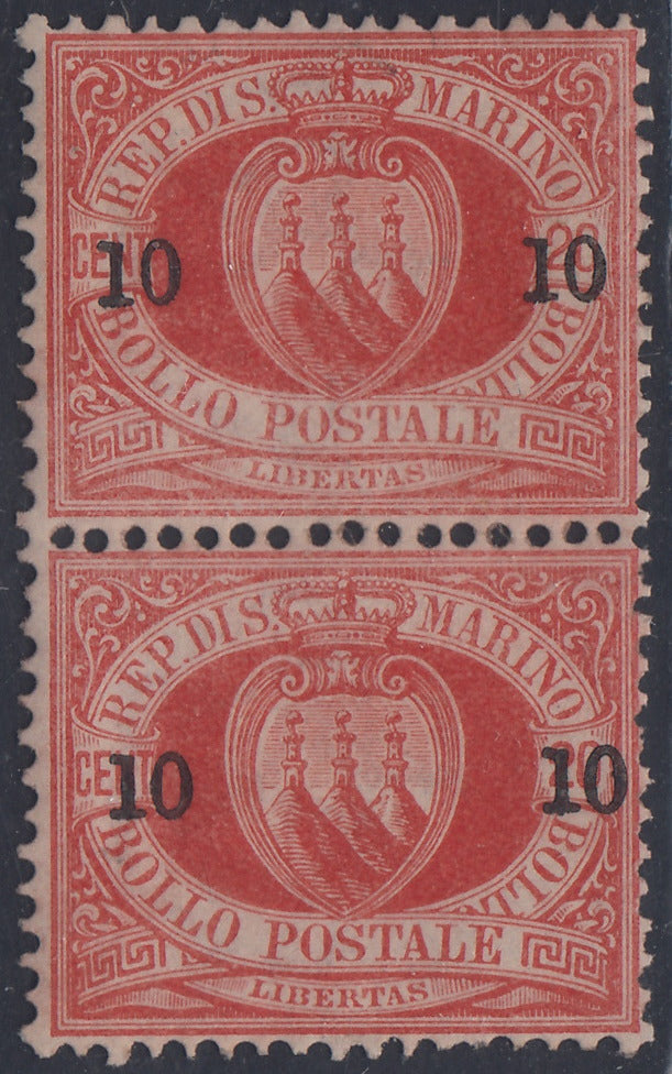 CG58 - 1892 - Coat of arms of the Republic, 10c. on 20c. red II type new vertical pair with intact rubber (