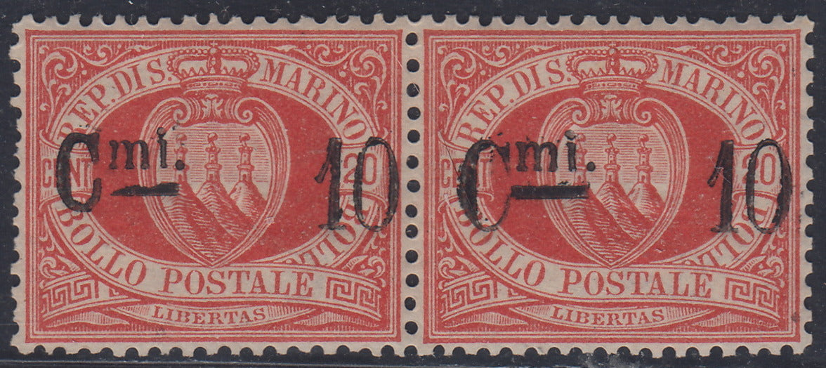 CG59 - 1892 - Stemma della Repubblica, 10c. su 20c. rosso I tipo coppia orizzontale nuova con gomma integra (10)