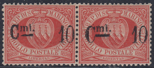 CG59 - 1892 - Stemma della Repubblica, 10c. su 20c. rosso I tipo coppia orizzontale nuova con gomma integra (10)