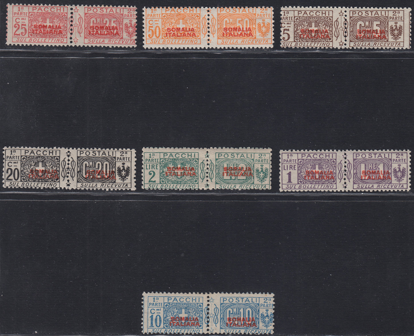 CG60 - 1926/31 - Postal parcels with red overprint of the first type, not issued, complete set of seven new stamps with intact gum (43/49)