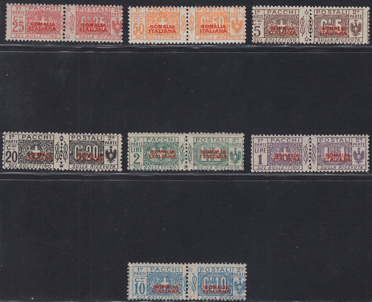 CG60 - 1926/31 - Pacchi Postali con soprastampa in rosso del I tipo, non emessi, serie completa di sette valori nuovi con gomma integra (43/49)