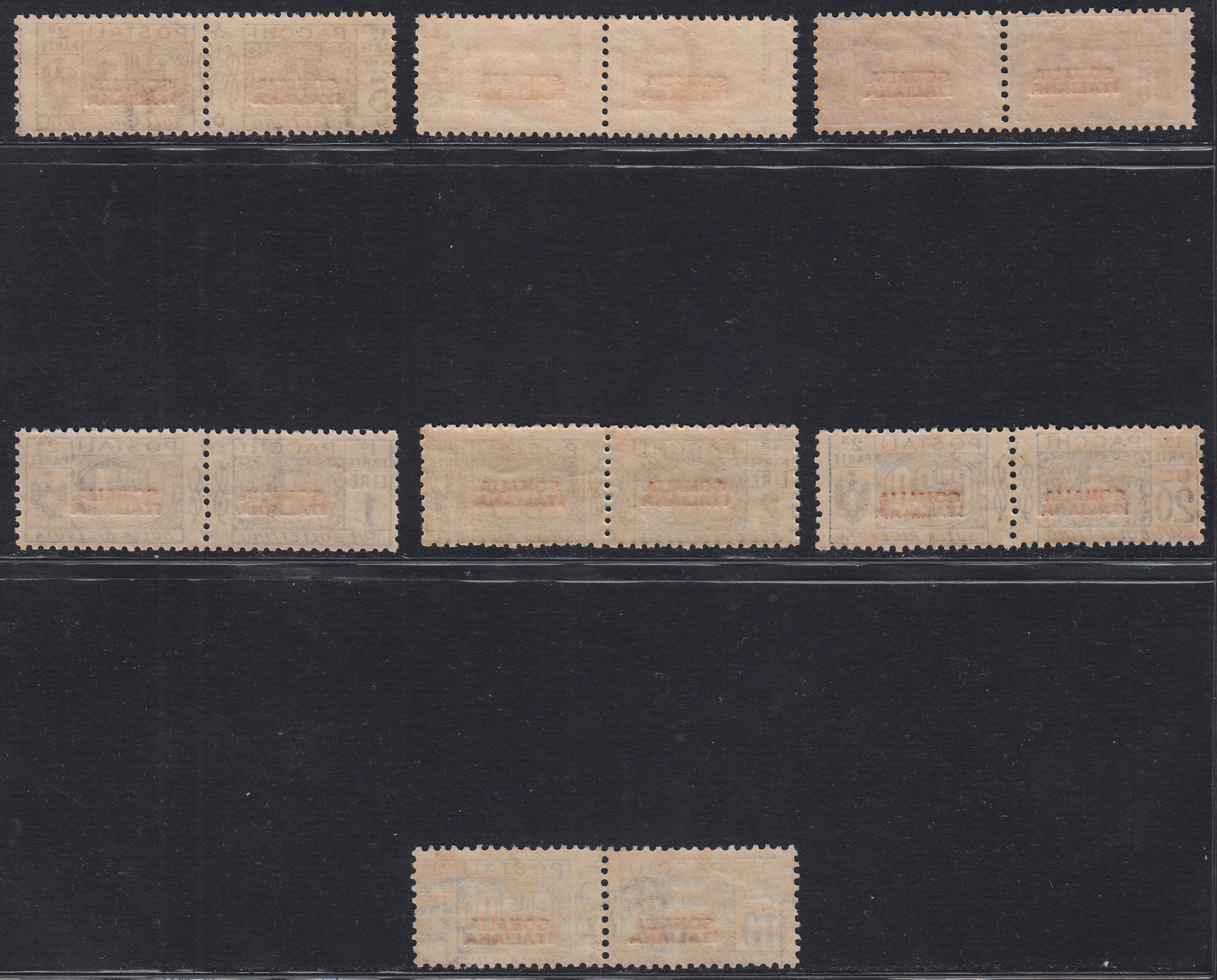 CG60 - 1926/31 - Pacchi Postali con soprastampa in rosso del I tipo, non emessi, serie completa di sette valori nuovi con gomma integra (43/49)