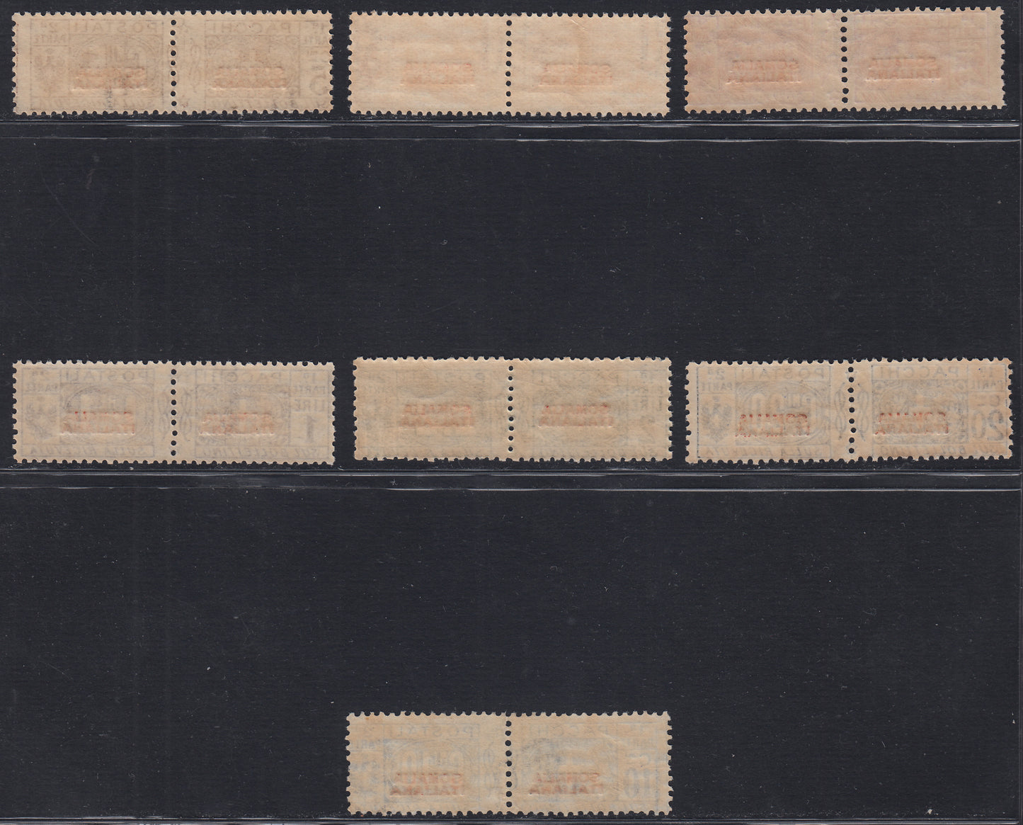 CG60 - 1926/31 - Pacchi Postali con soprastampa in rosso del I tipo, non emessi, serie completa di sette valori nuovi con gomma integra (43/49)