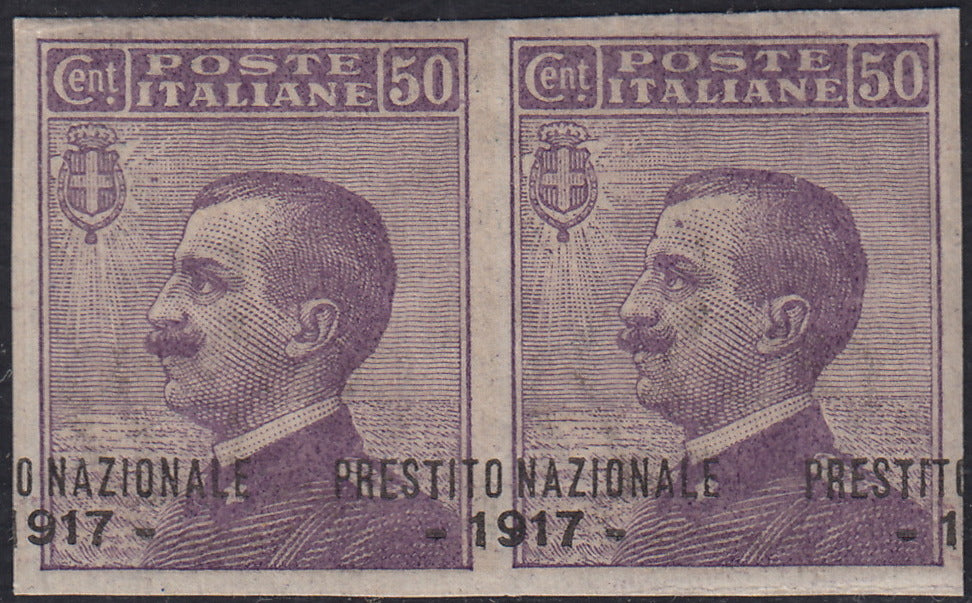 CG63 - Regno d'Italia, c. 50 violetto tipo Michetti coppia orizzontale non dentellata con soprastampa PRESTITO NAZIONALE spostata a destra nuova con gomma